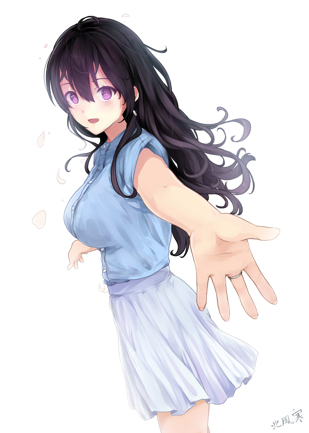 1girl :d bare_arms beifeng_han black_hair blue_shirt blush breasts buttons earrings from_side glowing glowing_eyes highres jewelry long_hair looking_at_viewer looking_to_the_side medium_breasts miyaura_sanshio open_mouth original outstretched_arms palms petals ring shirt short_sleeves simple_background skirt smile violet_eyes white_background white_skirt