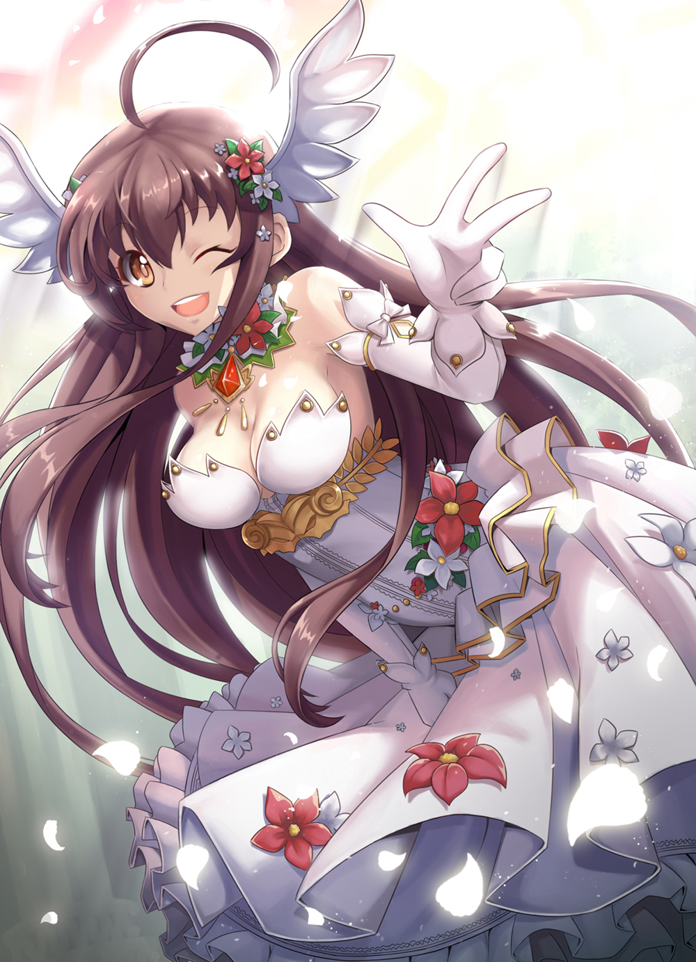 1girl ;d bare_shoulders breasts brown_eyes brown_hair cleavage covering covering_crotch detached_collar detached_sleeves dress flower gem gloves glowing hair_between_eyes hair_flower hair_ornament head_wings highres leaning_forward long_hair long_sleeves medium_breasts one_eye_closed open_mouth original petals smile solo sora_(dkssud6580) very_long_hair w white_dress white_gloves
