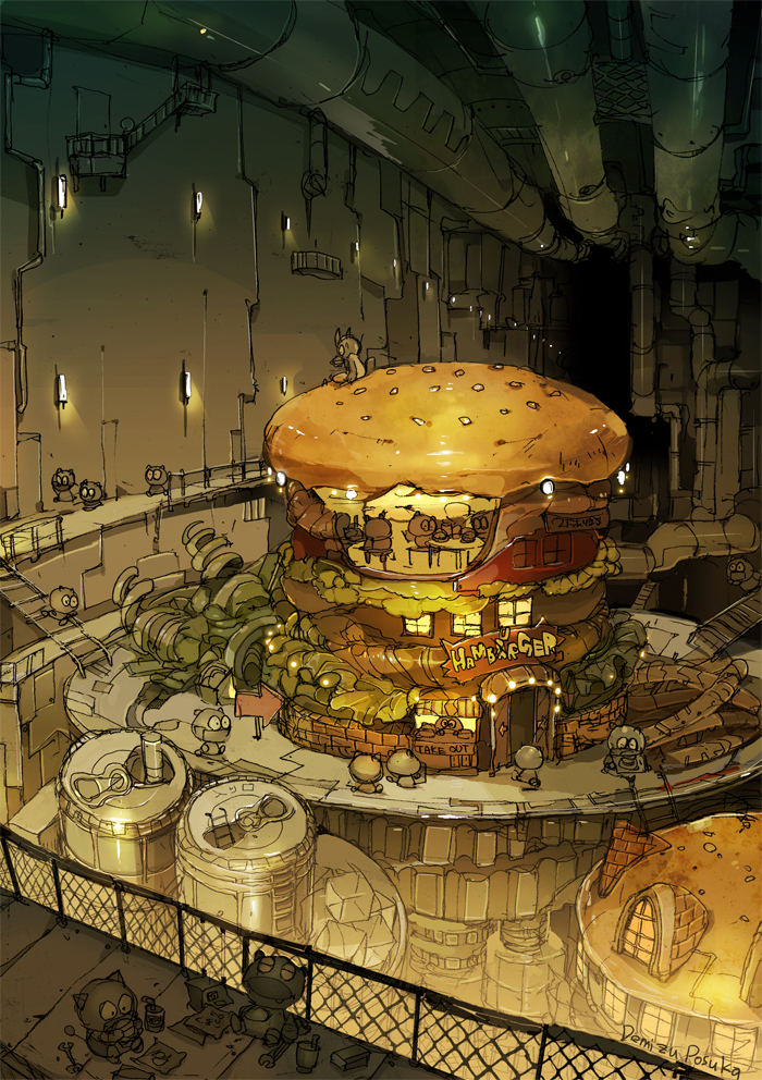 burger can commentary_request creature cross-section demizu_posuka drinking_straw english_text fence food gears ladder original oversized_food pipes plate restaurant sign table walkway wide_shot wire_fence