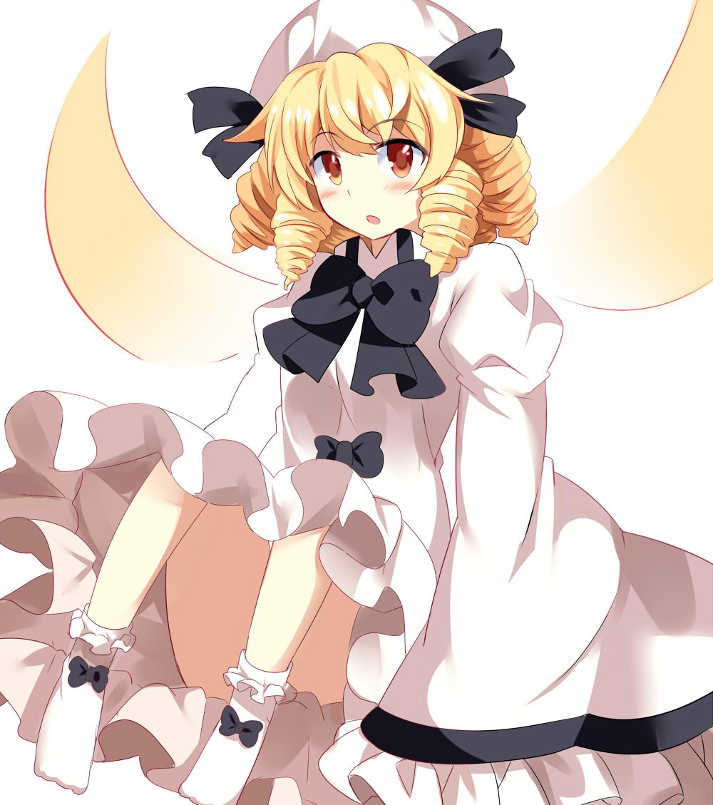 1girl :o black_bow black_bowtie black_ribbon blonde_hair blush bobby_socks bow bowtie breasts brown_eyes dress drill_hair e.o. fairy_wings frilled_sleeves frills hat hat_ribbon juliet_sleeves long_sleeves looking_at_viewer luna_child mob_cap oversized_clothes puffy_sleeves ribbon short_hair sleeves_past_wrists small_breasts socks solo touhou white_background white_dress white_legwear wide_sleeves wings