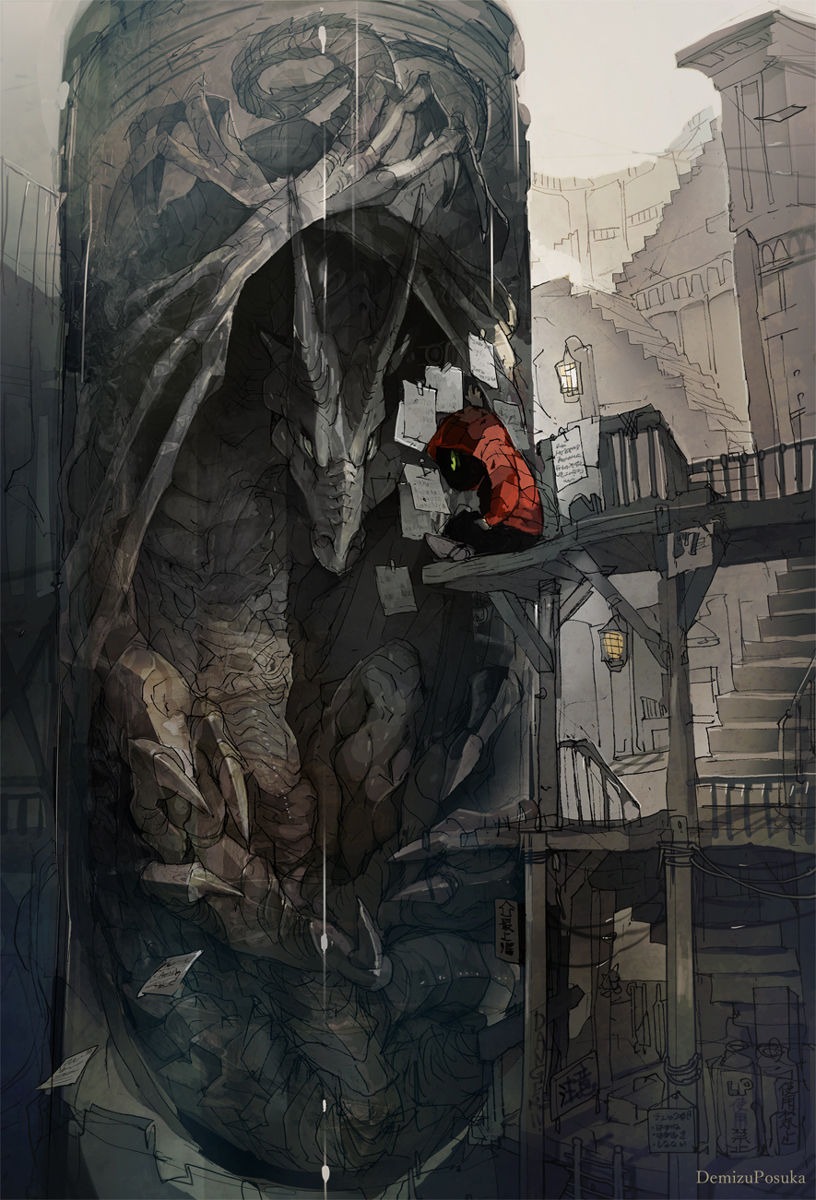 artist_name banister commentary_request demizu_posuka dragon fog hands_in_pockets highres hood hoodie lantern muted_color original rain stairs