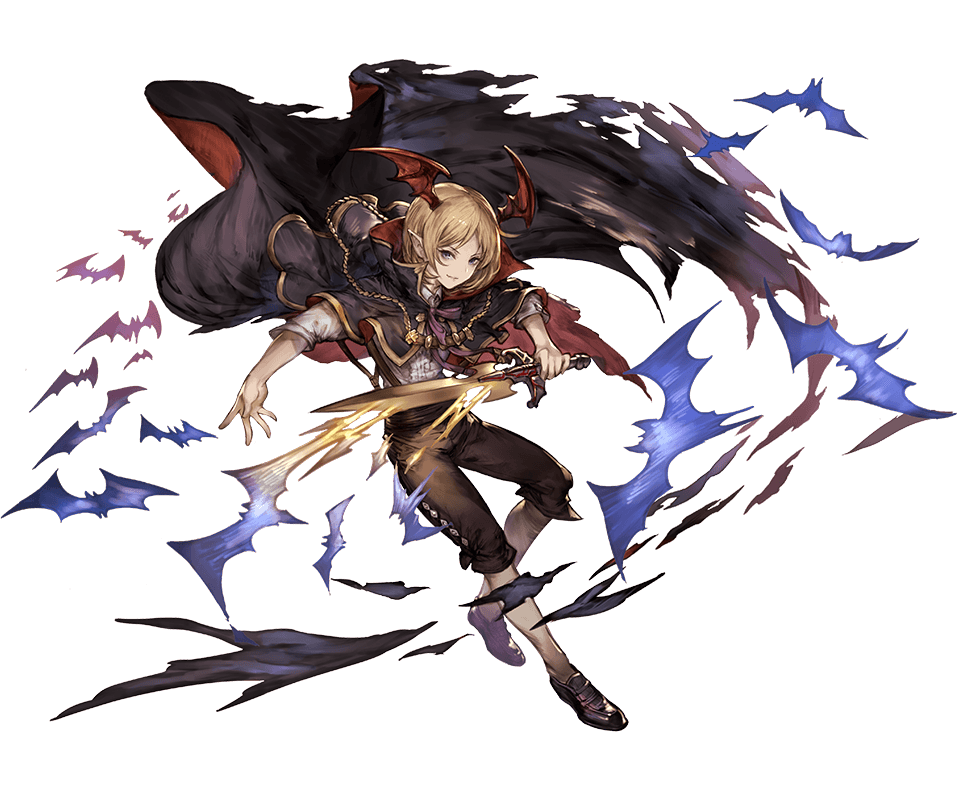 1boy bat bat_wings blonde_hair cape full_body granblue_fantasy head_wings holding holding_weapon male_focus official_art pointy_ears shingeki_no_bahamut smile solo vampire veight weapon wings