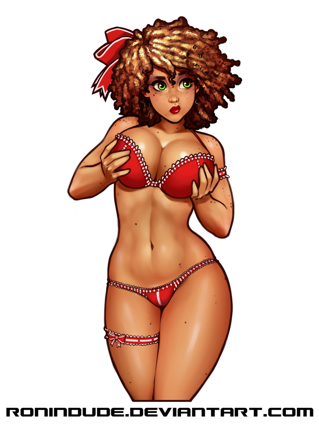 1girl afro bra breast_lift breasts brown_hair cleavage commentary contrapposto dark_skin freckles green_eyes hair_ribbon hairlocs highres lace lace-trimmed_bra lace-trimmed_panties large_breasts lips nail_polish navel original panties red_bra red_panties red_ribbon ribbon ronindude solo standing thigh_ribbon underwear underwear_only very_dark_skin white_background