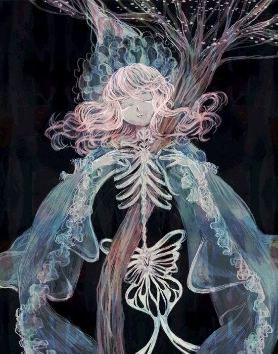 1girl bone cherry_blossoms closed_eyes eyebrows nazo_(mystery) pink_hair saigyouji_yuyuko skeleton touhou tree triangular_headpiece white_eyelashes wide_sleeves