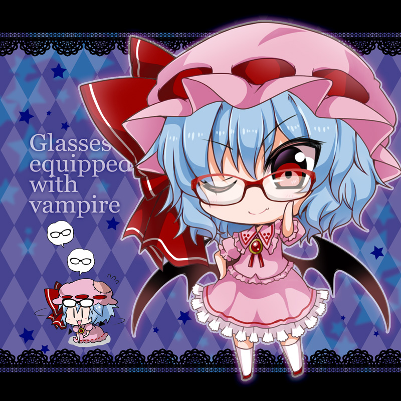 1girl :3 adjusting_glasses argyle argyle_background bat_wings bespectacled blue_background blue_hair brooch chibi english fang frilled_skirt frills glasses glasses_on_head hand_on_hip hat hat_ribbon jewelry kneehighs lace_border looking_at_viewer mob_cap neck_ribbon noai_nioshi one_eye_closed puffy_short_sleeves puffy_sleeves red-framed_eyewear red_eyes remilia_scarlet ribbon short_hair short_sleeves skirt skirt_set smile solo spoken_object touhou white_legwear wings |_|