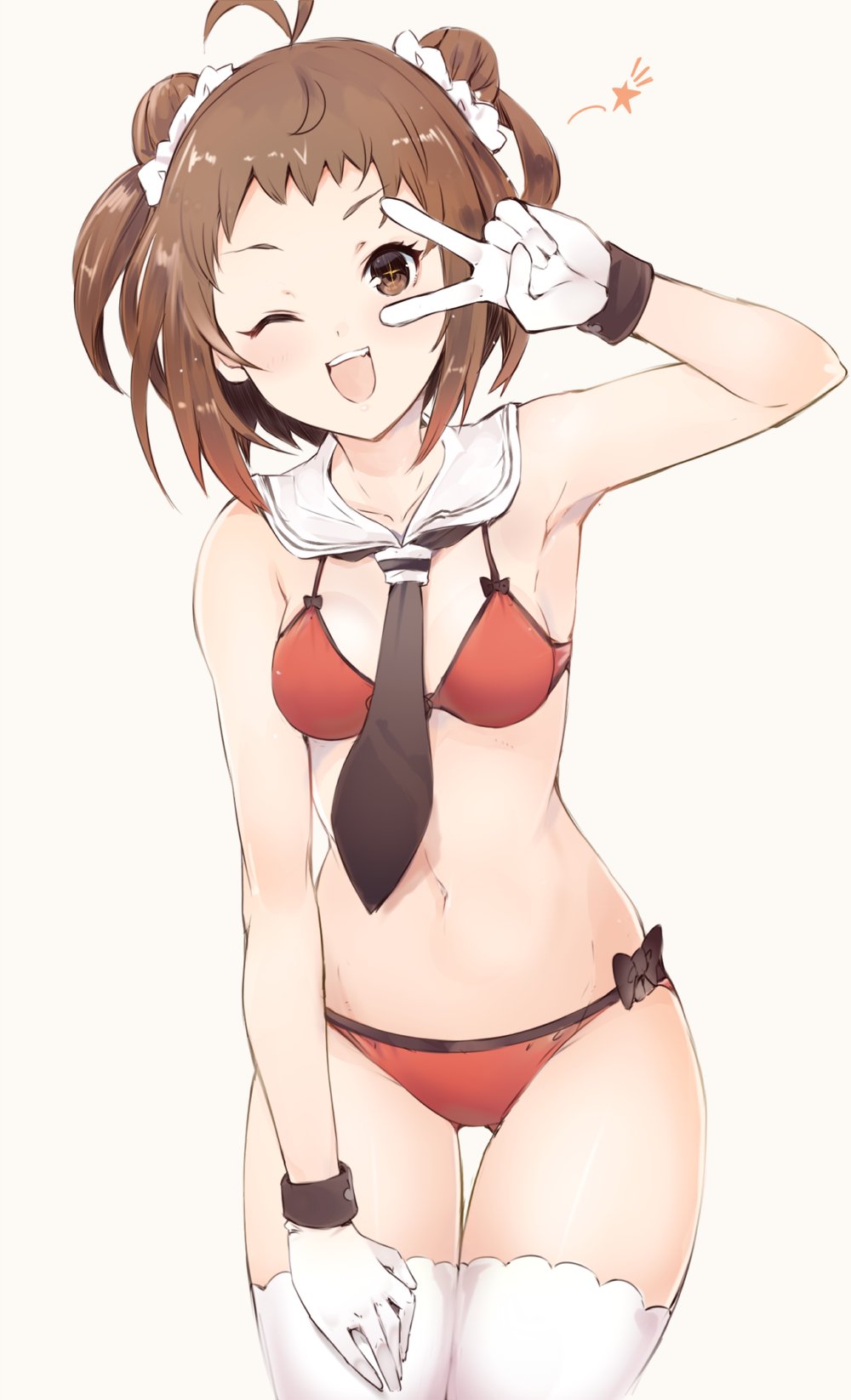 1girl ;d beige_background bikini brown_eyes brown_hair cowboy_shot double_bun gloves hand_on_own_thigh highres kantai_collection looking_at_viewer naka_(kantai_collection) navel one_eye_closed open_mouth red_bikini sailor_collar simple_background smile solo sumisu_(mondo) swimsuit thigh-highs thigh_gap two_side_up v white_gloves white_legwear