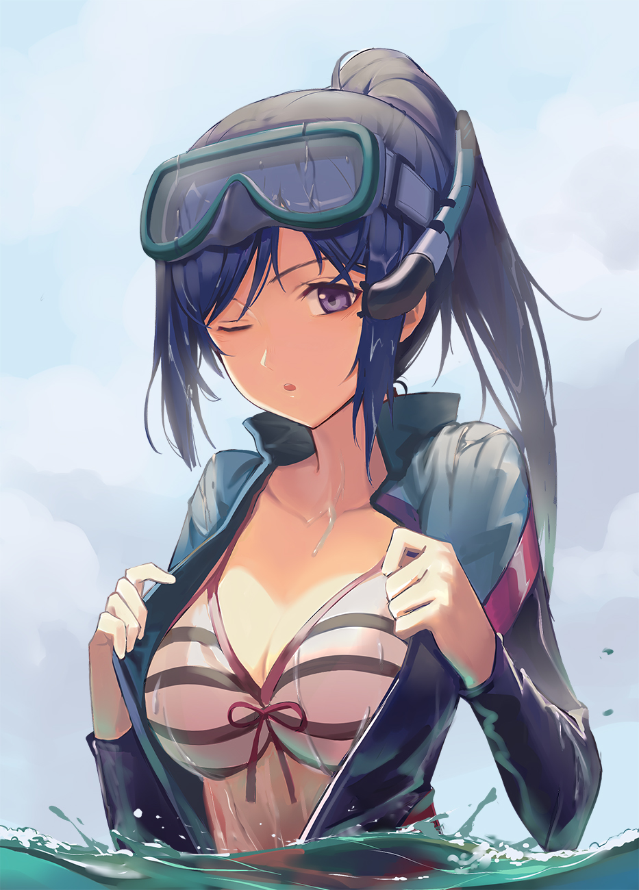 1girl ;o bikini bikini_top blue-framed_eyewear blush bodysuit breasts cleavage collarbone goggles goggles_on_head highres huanxiang_heitu long_hair love_live! love_live!_sunshine!! matsuura_kanan medium_breasts one_eye_closed open_clothes open_mouth partially_submerged ponytail purple_hair snorkel solo striped striped_bikini swimsuit upper_body violet_eyes water water_drop wet wet_hair