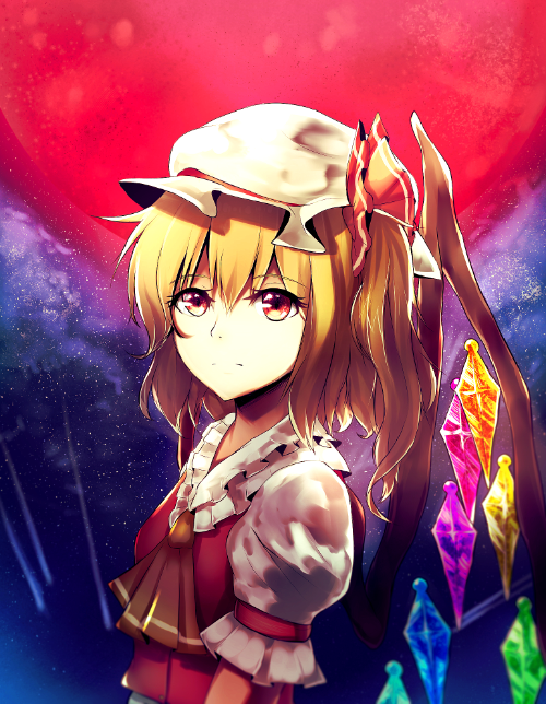 1girl blonde_hair commentary cravat expressionless flandre_scarlet full_moon hat hat_ribbon looking_at_viewer meilynn-hayakan meteor mob_cap moon night outdoors puffy_short_sleeves puffy_sleeves red_eyes red_moon red_vest ribbon short_hair short_sleeves side_ponytail sky solo star_(sky) starry_sky touhou upper_body wings
