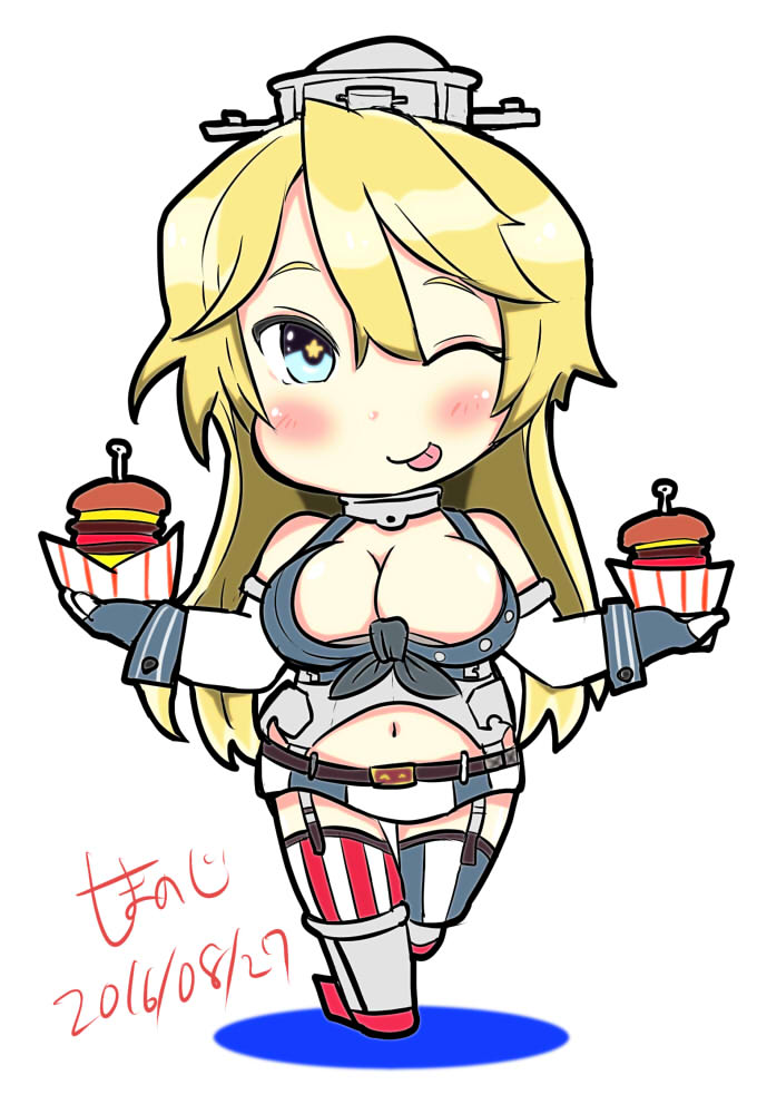 1girl blonde_hair blue_eyes blush breasts chibi cleavage dated elbow_gloves fingerless_gloves food front-tie_top gloves hamburger iowa_(kantai_collection) kantai_collection shima_noji_(dash_plus) solo standing star star-shaped_pupils striped striped_legwear symbol-shaped_pupils thigh-highs tongue tongue_out vertical-striped_legwear vertical_stripes