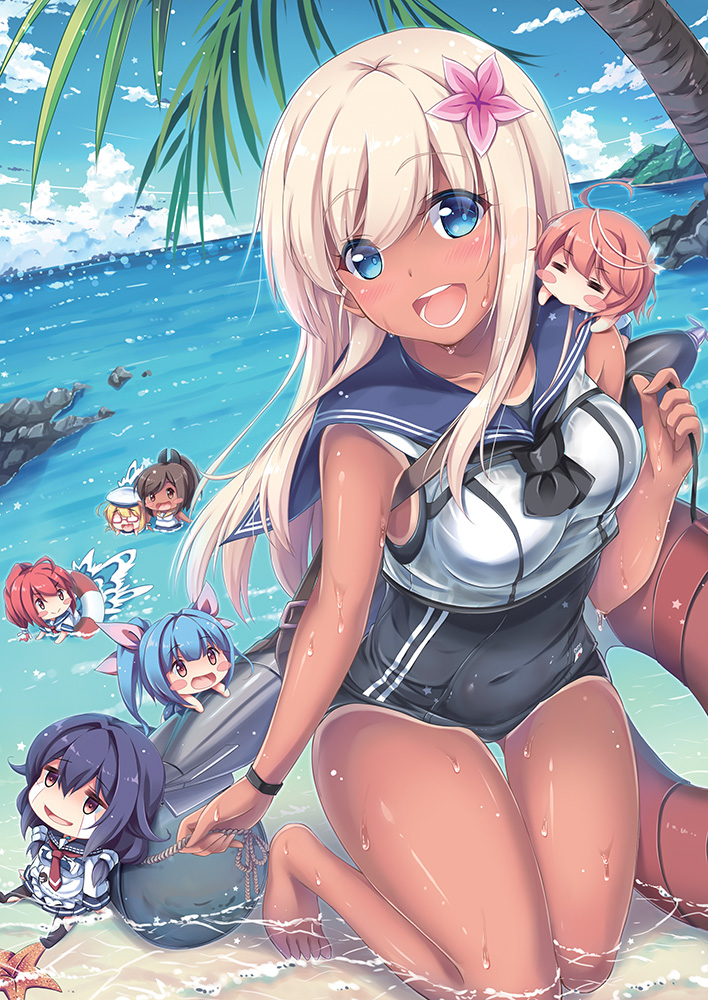 6+girls ahoge bangs bare_arms bare_legs bare_shoulders barefoot beach black_legwear blonde_hair blue_eyes blue_hair blue_sky blush blush_stickers bracelet brown_eyes brown_hair chibi closed_eyes clouds commentary_request covered_navel crop_top flower glasses hair_flaps hair_flower hair_ornament hair_ribbon hat hibiscus i-168_(kantai_collection) i-19_(kantai_collection) i-401_(kantai_collection) i-58_(kantai_collection) i-8_(kantai_collection) jewelry kantai_collection kneeling lifebuoy long_hair looking_at_viewer low_twintails multiple_girls neckerchief ocean one-piece_swimsuit one-piece_tan open_mouth outdoors palm_tree pantyhose partially_submerged pink_hair ponytail purple_hair red_eyes redhead ribbon ro-500_(kantai_collection) sailor_collar sailor_hat sand school_swimsuit school_uniform semi-rimless_glasses serafuku short_hair sitting sky smile splashing swimsuit swimsuit_under_clothes taigei_(kantai_collection) tan tanline tears torn_clothes torn_pantyhose torpedo tree twintails under-rim_glasses vashaps2 wading water wet
