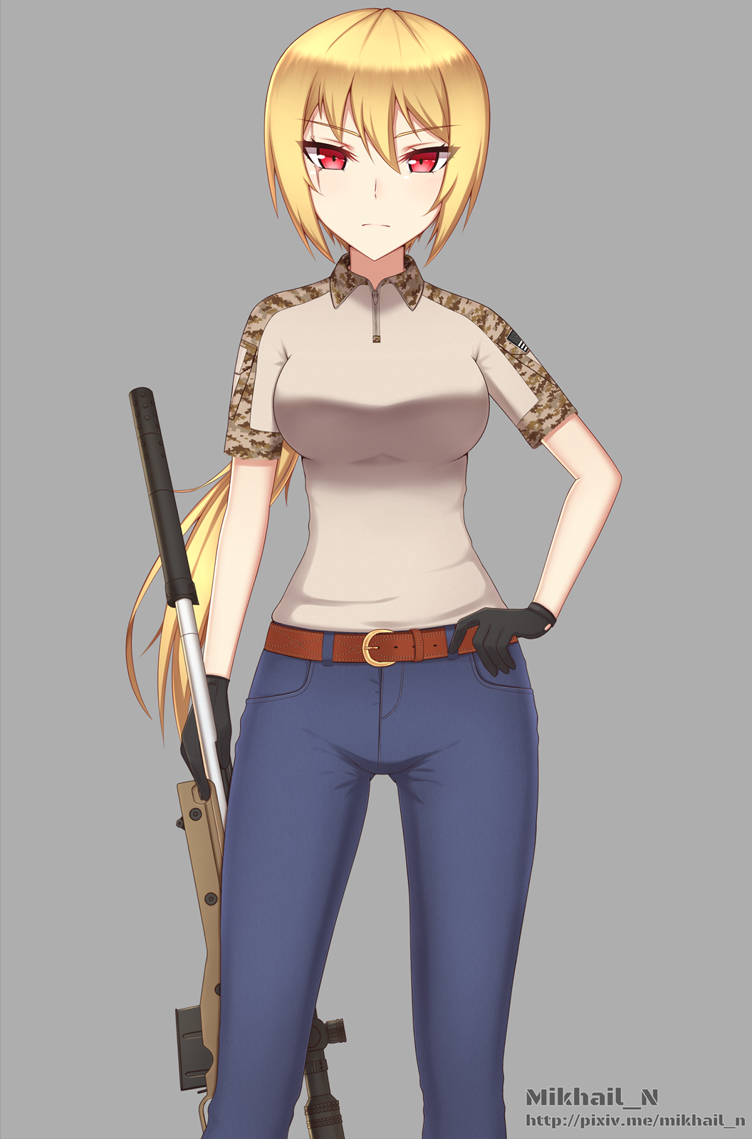 1girl america aor1_(camo) belt blonde_hair breasts camouflage denim gloves gun highres jeans large_breasts long_hair mikhail_n military military_uniform original pants ponytail red_eyes rifle sniper sniper_rifle solo uniform us_navy weapon