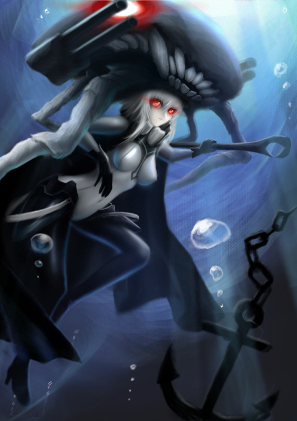 1girl anchor black_gloves bodysuit breasts bubble cane cape covered_navel covered_nipples full_body gloves glowing glowing_eyes headgear kantai_collection looking_at_viewer medium_breasts monster neonil pale_skin red_eyes shinkaisei-kan sidelocks silver_hair solo teeth tentacles turret underwater white_skin wo-class_aircraft_carrier