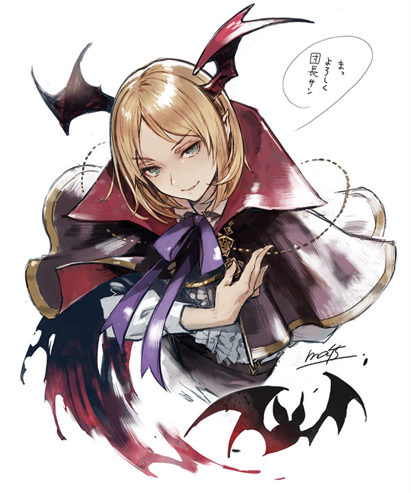 1boy bat bat_wings blonde_hair bowing cape granblue_fantasy green_eyes head_wings male_focus official_art parted_lips pointy_ears shingeki_no_bahamut signature simple_background smile solo translated vampire veight white_background wings