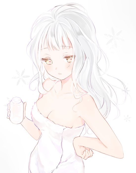 1girl bangs bare_arms bare_shoulders blunt_bangs bottle breasts cleavage collarbone holding holding_bottle long_hair looking_at_viewer marin_(myuy_3) milk_bottle naked_towel parted_lips simple_background small_breasts solo towel upper_body white white_background