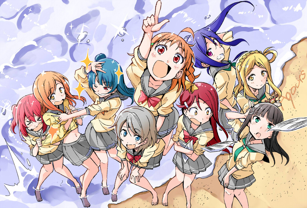 &gt;_&lt; ahoge barefoot beach bibi black_hair blonde_hair blue_eyes blue_hair braid brown_hair closed_eyes clover_hair_ornament flying_paper green_eyes grey_hair grin hair_ornament hime_cut kunikida_hanamaru kurosawa_dia kurosawa_ruby long_hair love_live! love_live!_sunshine!! matsuura_kanan multiple_girls ohara_mari one_eye_closed open_mouth orange_hair paper pointing pointing_up ponytail red_eyes redhead sakurauchi_riko school_uniform seaside short_hair side_braid smile takami_chika tsushima_yoshiko violet_eyes watanabe_you water yellow_eyes