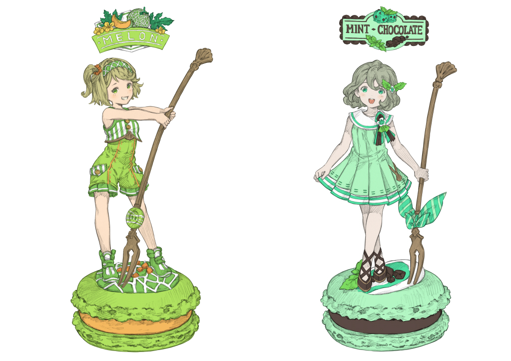 2girls :d blush brown_hair brown_shoes chocolate crossed_legs dress english food fork fruit full_body green_dress green_eyes green_shoes grey_hair grin holding_fork ice_cream jari_(jyarijyari999) leaf macaron melon mint multiple_girls one_side_up open_mouth original outstretched_arms pleated_dress shirt shoes simple_background skirt_hold sleeveless sleeveless_dress sleeveless_shirt smile standing white_background