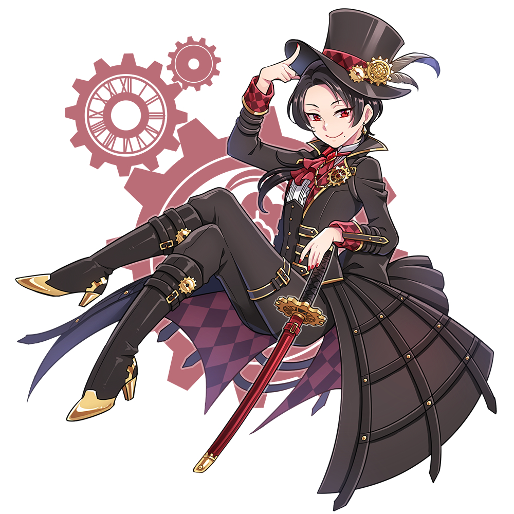 1boy adapted_costume boots brown_hair cravat crossed_legs earrings gears hat high_heel_boots high_heels jewelry kashuu_kiyomitsu katana male_focus mole mole_under_mouth nail_polish nightcat ponytail red_eyes red_nails smile steampunk sword top_hat touken_ranbu weapon