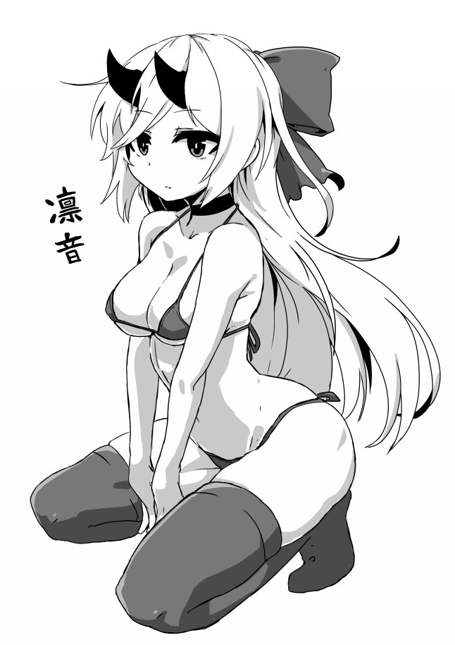 1girl bikini bow breasts character_request choker copyright_request full_body greyscale hair_bow horns kneeling kouno_miki long_hair medium_breasts monochrome simple_background solo string_bikini swimsuit thigh-highs white_background