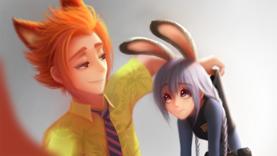 1boy 1girl animal_ears blue_eyes braid bunny_girl closed_mouth collared_shirt disney floral_print fox_boy fox_ears fox_tail grey_hair judy_hopps lifting_person long_hair long_sleeves looking_at_another necktie neonil nick_wilde orange_hair personification police police_uniform print_shirt rabbit_ears shirt short_hair short_sleeves smile striped striped_necktie tail twin_braids uniform upper_body violet_eyes zootopia