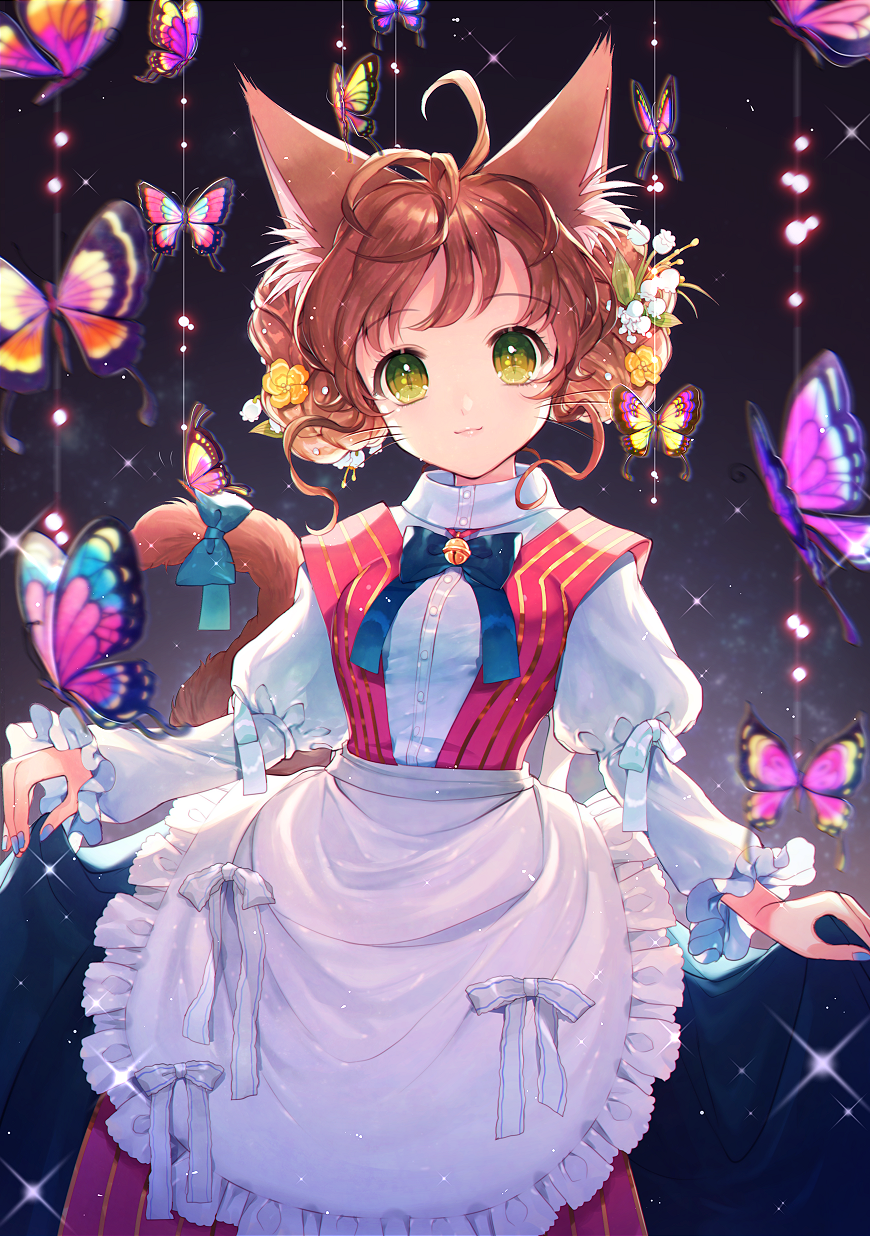 1girl :3 animal_ears apron bell bell_choker blurry bow bowtie brown_hair buttercup_(flower) butterfly buttons cat_ears cat_tail choker depth_of_field double_bun flower frilled_apron frilled_sleeves frills green_eyes hair_flower hair_ornament highres lily_of_the_valley lips looking_at_viewer momoshiki_tsubaki nail_polish original shirt skirt skirt_hold slit_pupils solo sparkle tail tail_bow waist_apron white_shirt
