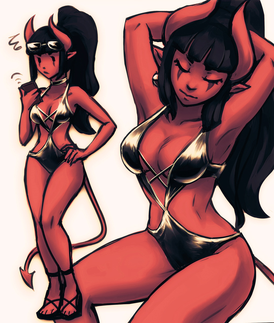 1girl armpits arms_up bangs black_hair black_swimsuit breasts cellphone choker cleavage closed_eyes demon_girl demon_horns demon_tail earrings eyebrows hand_on_hip horns iahfy jewelry long_hair medium_breasts original phone pointy_ears ponytail red_skin sandals scar scar_across_eye sidelocks sling_bikini solo squiggle swimsuit synth_(iahfy) tail yellow_eyes