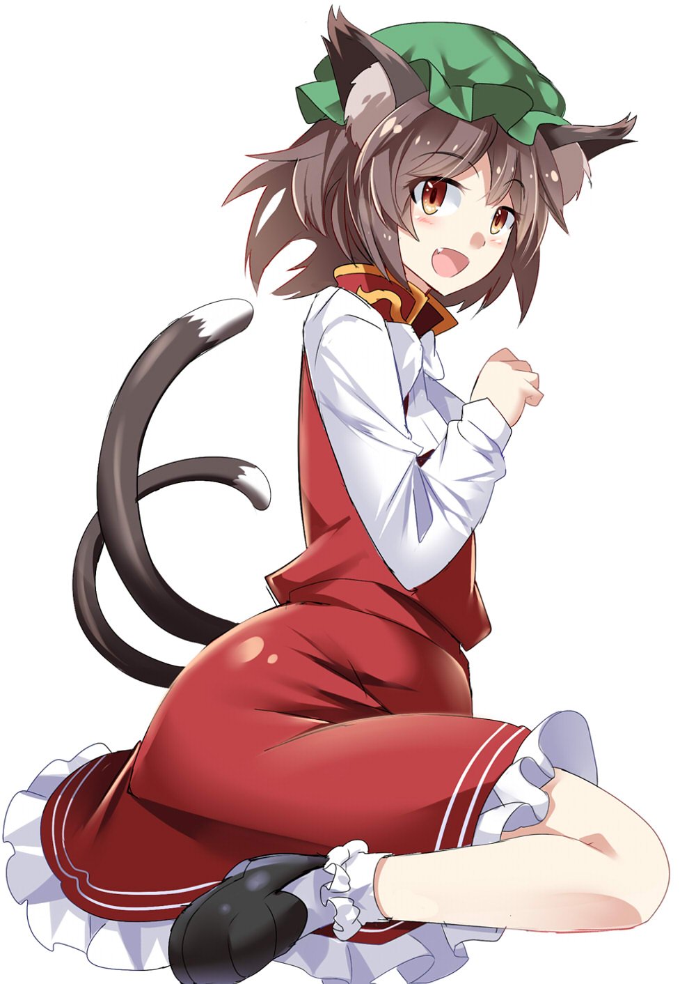 1girl :d animal_ears black_hair black_shoes blush bobby_socks breasts brown_eyes cat_ears cat_tail chen dress e.o. fang from_side full_body hat highres jewelry loafers long_sleeves looking_at_viewer looking_to_the_side mob_cap multiple_tails nekomata open_mouth paw_pose red_dress shoes short_hair single_earring small_breasts smile socks solo tail touhou two_tails white_background white_legwear