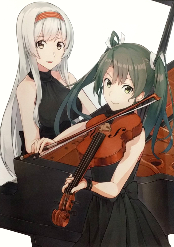 evening_gown instrument kantai_collection konishi_(koconatu) official_art piano shoukaku_(kantai_collection) violin zuikaku_(kantai_collection)