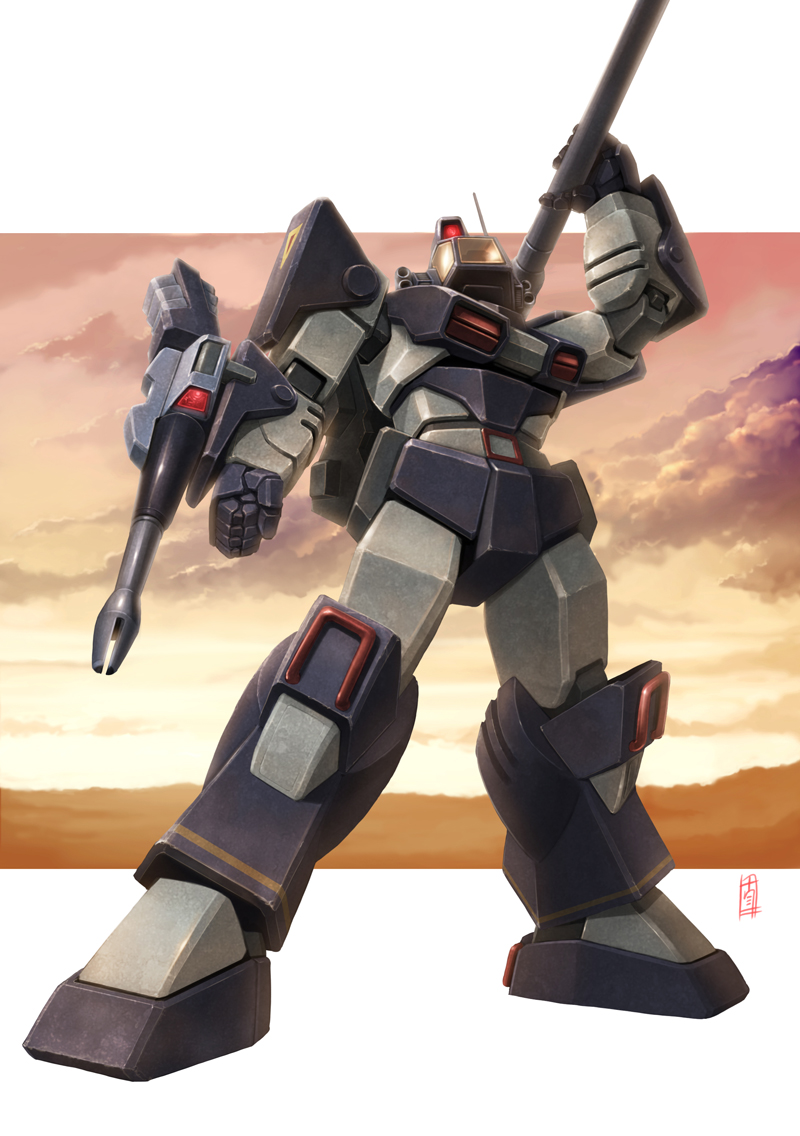 antennae arm_cannon clouds desert dougram mecha realistic science_fiction shoulder_cannon signature solo taedu taiyou_no_kiba_dougram weapon