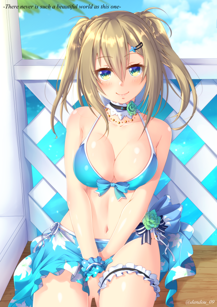 1girl artist_name bare_arms bare_shoulders between_legs bikini bikini_top blonde_hair blue_bikini blue_sky breasts cleavage closed_mouth clouds collar collarbone dandou day frills hair_ornament hairclip hand_between_legs jewelry leg_garter long_hair looking_at_viewer medium_breasts multicolored_eyes necklace original outdoors railing sarong sitting sky smile solo swimsuit twintails v_arms wooden_floor yellow_eyes