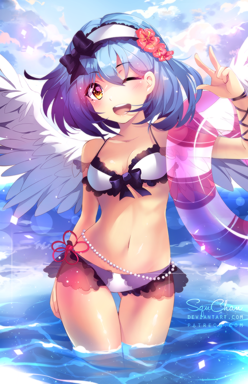 1girl ;d artist_name ass_visible_through_thighs bangs bare_shoulders bikini black_bow blue_eyes blue_sky blush bow breasts breasts_apart character_request clouds cloudy_sky collarbone contrapposto cowboy_shot eyebrows eyebrows_visible_through_hair feathered_wings hair_bow hairband hand_up heart heart-shaped_pupils highres innertube lace lace-trimmed_bikini medium_breasts midriff navel ocean one_eye_closed open_mouth partially_submerged red_ribbon ribbon sarong short_hair sky smile solo spread_wings squadra stomach swimsuit symbol-shaped_pupils thigh-highs v water watermark web_address white_bikini wings yellow_eyes