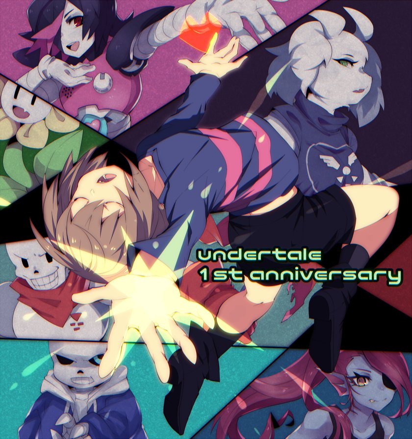 2girls 3boys androgynous android ankle_boots anniversary armor black_hair blue_eyes blue_skin boots brown_hair closed_eyes copyright_name eyepatch fang_out flower flowey_(undertale) frisk_(undertale) gills gloves green_eyes grey_skin grin hair_over_one_eye head_fins heart hood hoodie horns magatoroid mettaton_ex monster_girl multicolored_hair multiple_boys multiple_girls open_mouth papyrus_(undertale) ponytail purple_hair redhead robe sans scarf shirt shorts shoulder_pads skeleton smile socks sparkle striped striped_shirt tank_top teeth toriel undertale undyne yellow_eyes