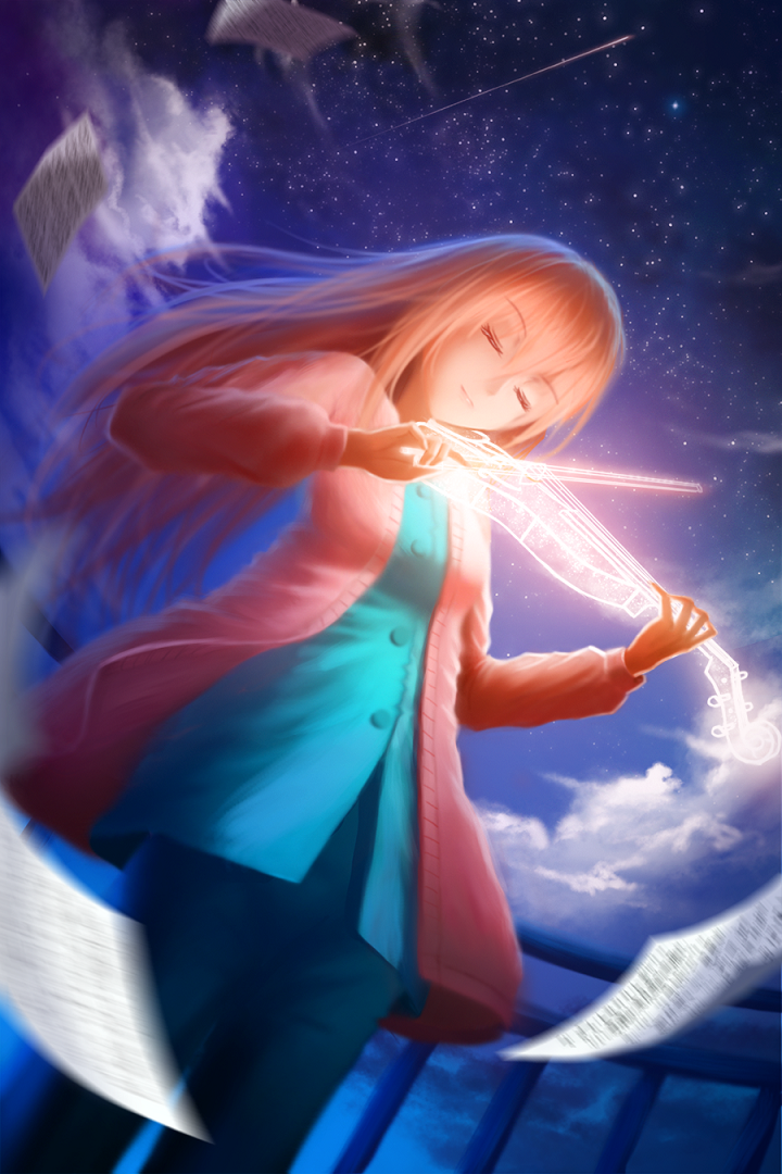 1girl black_pants blonde_hair blue_shirt closed_eyes closed_mouth flying_paper from_below instrument jacket light_smile long_hair long_sleeves miyazono_kawori motion_blur music neonil night night_sky open_clothes open_jacket pants paper playing_instrument puffy_long_sleeves puffy_sleeves sheet_music shigatsu_wa_kimi_no_uso shirt shooting_star sky solo star_(sky) starry_sky violin