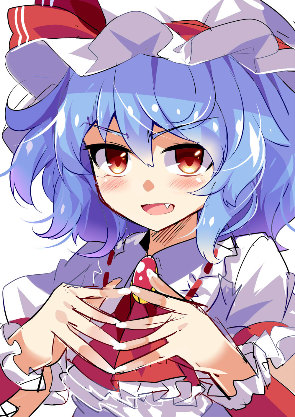 &gt;:d 1girl :d ascot blue_hair brooch e.o. fang fingers_together hat hat_ribbon highres jewelry looking_at_viewer mob_cap open_mouth puffy_short_sleeves puffy_sleeves red_eyes red_ribbon remilia_scarlet ribbon shirt short_sleeves smile solo touhou upper_body white_background white_shirt wrist_cuffs