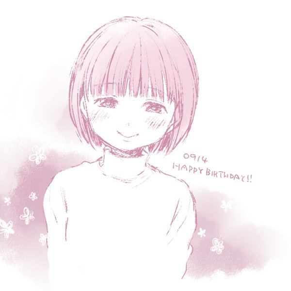 1girl aoki_ume bangs blunt_bangs commentary_request dated looking_at_viewer matsuki_miyu monochrome real_life short_hair sketch smile solo sweater upper_body white_background