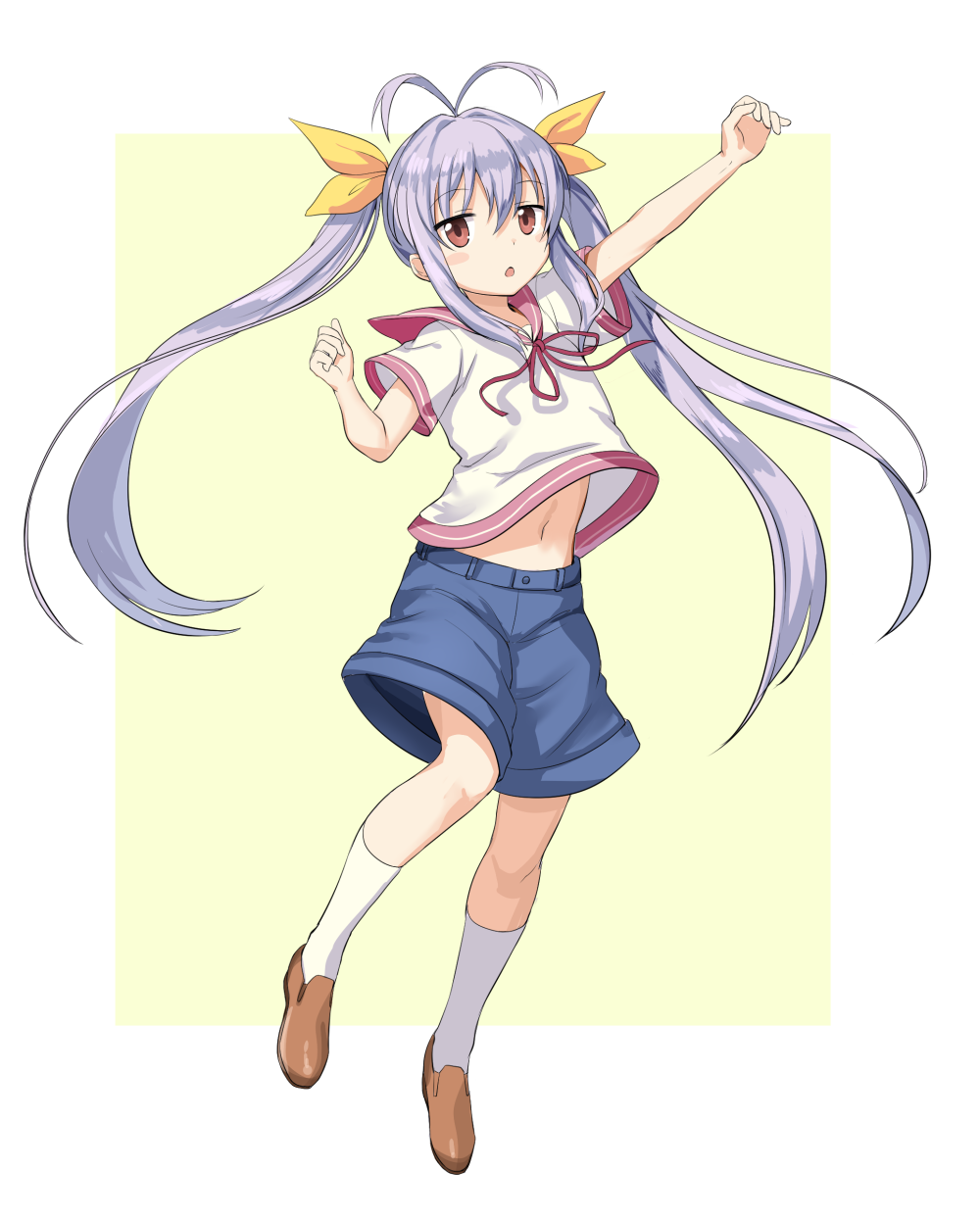 1girl antenna_hair arm_up baggy_shorts blue_shorts blush_stickers brown_eyes chestnut_mouth commentary_request full_body hair_ribbon highres ikomochi long_hair looking_at_viewer miyauchi_renge navel neck_ribbon non_non_biyori open_mouth outstretched_arm pink_ribbon purple_hair ribbon sailor_collar shoes short_sleeves shorts simple_background solo twintails two-tone_background very_long_hair white_legwear yellow_ribbon