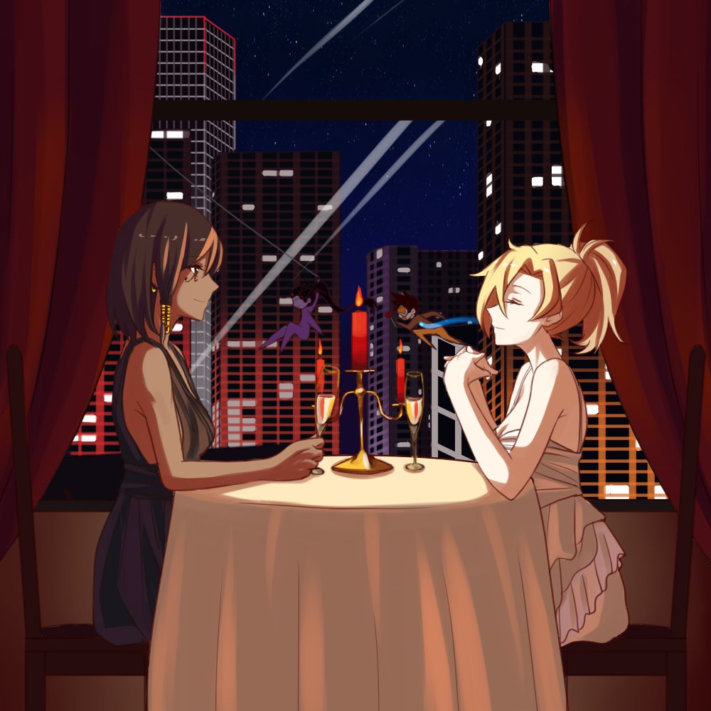 4girls bare_shoulders black_dress black_hair blonde_hair building candelabra candle chair closed_eyes cup curtains dark_skin dress drinking_glass mercy_(overwatch) multiple_girls nyasa overwatch pharah_(overwatch) ponytail short_hair sitting skyscraper smile table tracer_(overwatch) white_dress widowmaker_(overwatch) window wine_glass yuri