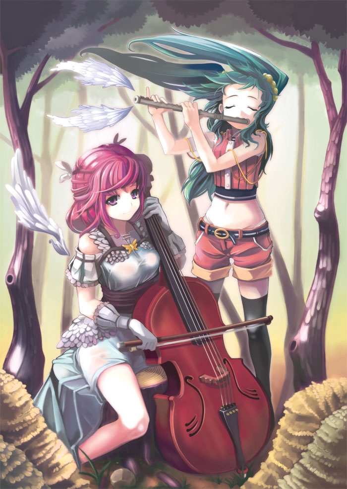 cello christinya closed_eyes flute gloves green_hair hands instrument legs long_hair midriff multiple_girls original pink_eyes pink_hair thigh-highs thighhighs twintails wind wings