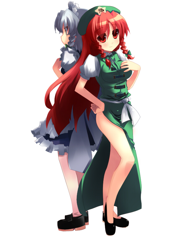 2girls back-to-back back_to_back braid china_dress chinadress chinese_clothes hat hong_meiling izayoi_sakuya long_hair multiple_girls red_eyes red_hair redhead shin_(new) simple_background touhou twin_braids white_hair