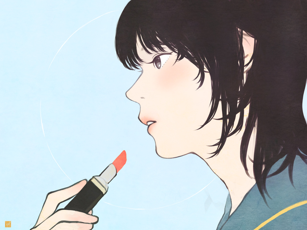 grey_eyes lipstick original sakamoto_himemi short_hair