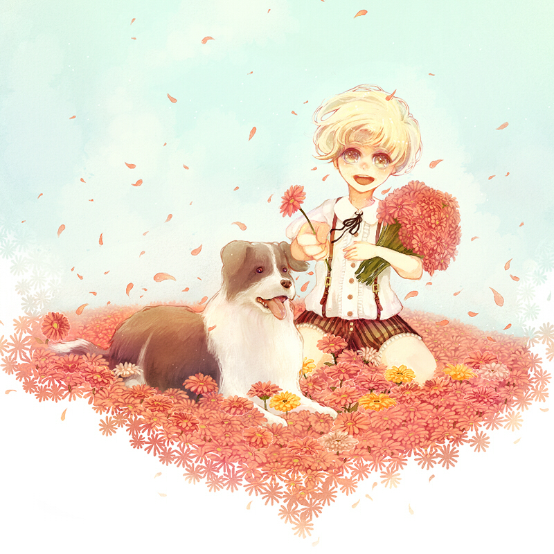 bad_id blonde_hair child dog flower male manbou_no_suiso original petals short_hair shorts solo young