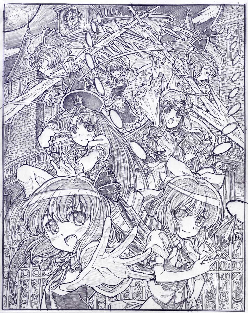 building cirno danmaku fence fighting_stance flandre_scarlet foreshortening full_moon gate graphite_(medium) highres hong_meiling ice izayoi_sakuya laevatein long_hair looking_at_viewer maid monochrome moon night patchouli_knowledge polearm pose purple remilia_scarlet rumia sakino_shingetsu scarlet_devil_mansion short_hair spear spear_the_gungnir the_embodiment_of_scarlet_devil touhou traditional_media weapon wings