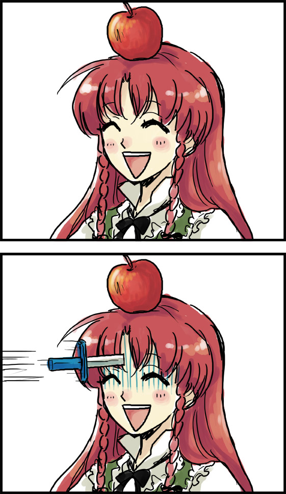:d apple braid chinadress closed_eyes comic eeyasu food fruit gloom_(expression) hong_meiling knife knifed long_hair open_mouth red_hair redhead ribbon silent_comic smile touhou twin_braids william_tell
