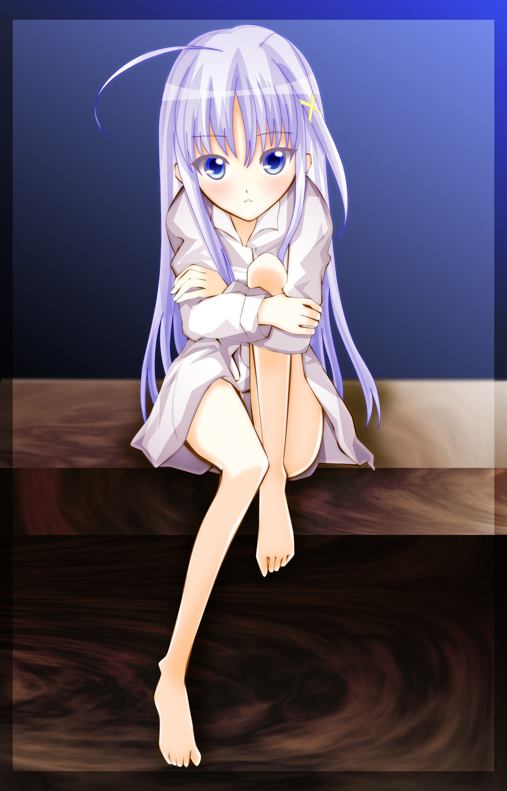 bare_legs barefoot blue_eyes blush border crossed_arms dress_shirt etafai feet highres lavender_hair leg_hug long_hair looking_at_viewer mahou_shoujo_lyrical_nanoha mahou_shoujo_lyrical_nanoha_strikers naked_shirt purple_hair reinforce_zwei shichouson shirt sitting tsurime