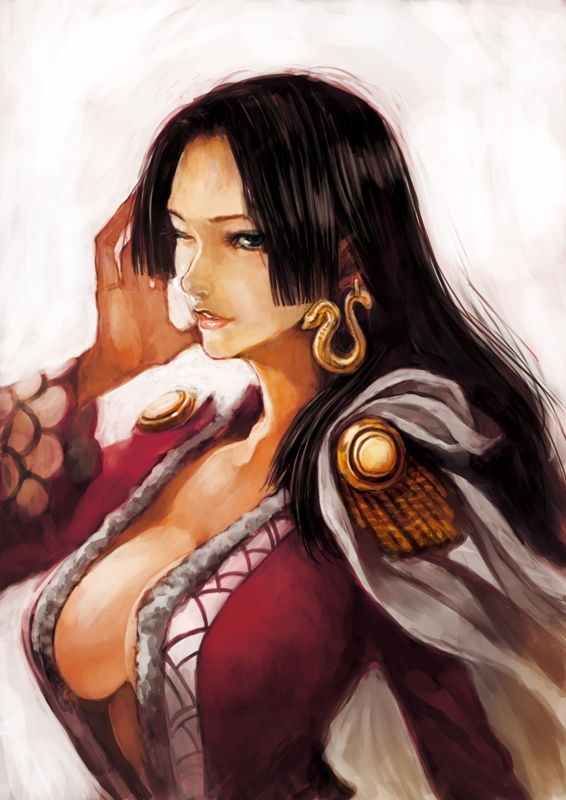 boa_hancock breasts center_opening cleavage devil_fruit earrings empress female hebihime jewelry lack large_breasts long_hair one_eye_closed one_piece pirate snake solo wink