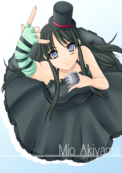 1girl \m/ \n/ akiyama_mio black_hair blue_eyes don't_say_"lazy" don't_say_lazy dress face_paint facepaint fingerless_gloves from_above gloves hat hayami_kyuuen k-on! long_hair looking_up mini_top_hat solo top_hat