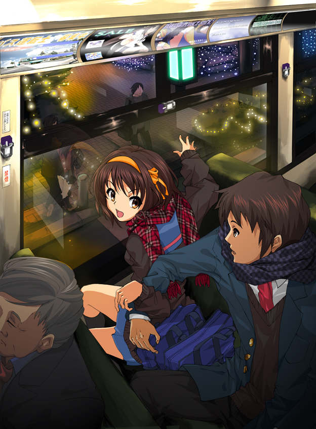 brown_eyes brown_hair bus bus_interior cardigan checkered hair_ribbon ikechi kyon motor_vehicle old_man plaid plaid_scarf ribbon scarf school_uniform short_hair suzumiya_haruhi suzumiya_haruhi_no_yuuutsu vehicle