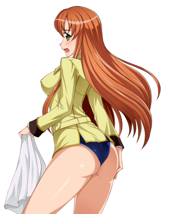 code_geass erect_nipples from_behind green_eyes long_hair looking_back open_mouth orange_hair school_uniform shirley_fenette solo swimsuit swimsuit_under_clothes towel yokaze_japan