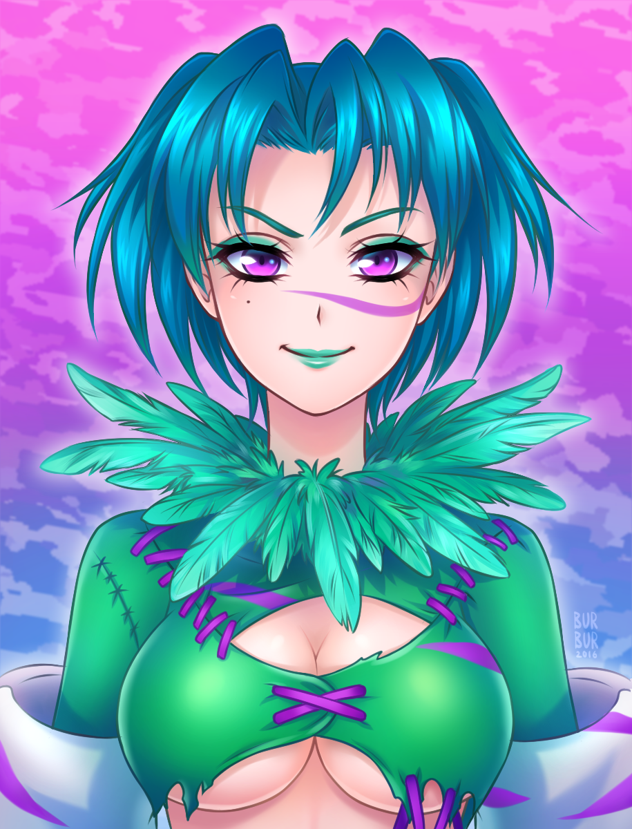 1girl breasts burbur cleavage eyeshadow feathers green_hair highres lipstick looking_at_viewer makeup medium_breasts mole mole_under_eye pink_eyes short_hair smile solo soulcalibur soulcalibur_iii stitches tira_(soulcalibur) under_boob