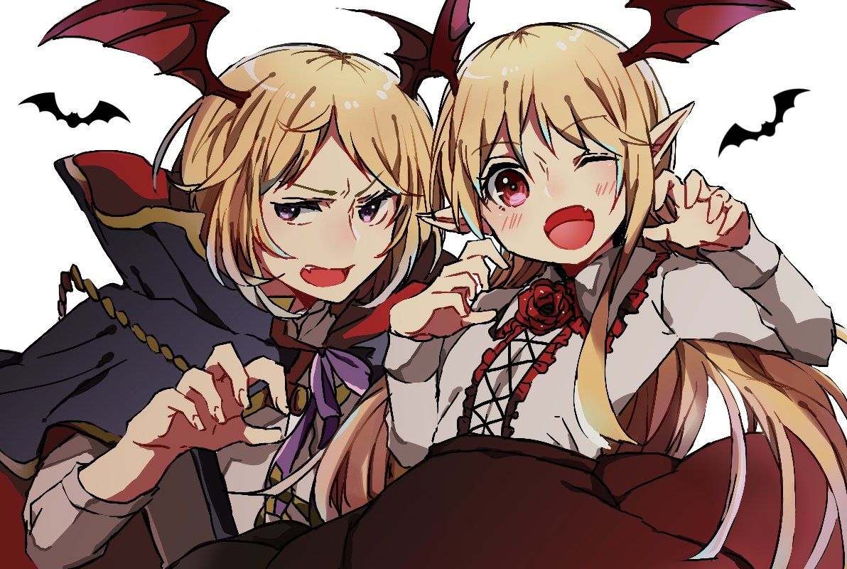 1boy 1girl ;) ayaka00322 blonde_hair brother_and_sister cape granblue_fantasy head_wings long_hair looking_to_the_side one_eye_closed open_mouth red_eyes shingeki_no_bahamut siblings simple_background smile vampire vampy veight violet_eyes white_background