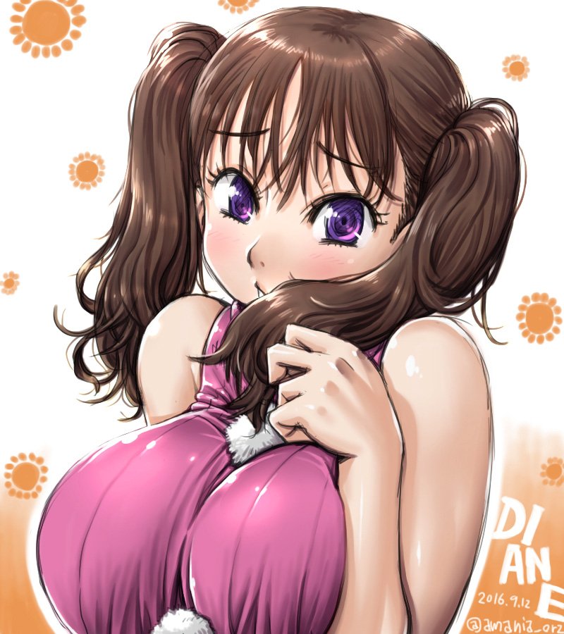 1girl amania_orz bare_shoulders blush breasts brown_hair character_name dated diane_(nanatsu_no_taizai) hair_twirling impossible_clothes impossible_sweater large_breasts long_hair nanatsu_no_taizai parted_lips shiny shiny_hair smile solo sweater twintails twitter_username upper_body violet_eyes